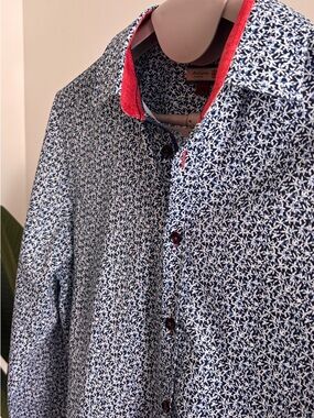 Men's Navy Floral Button-Down Shirt with Red Contrast Trim